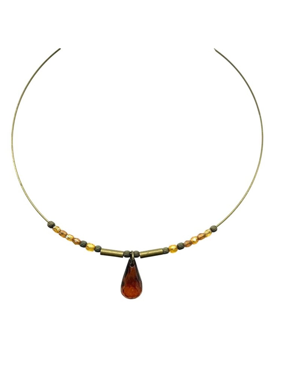 Topaz Crystal Teardrop Brass Necklace, Memory Wire Choker, Faceted Beaded Bib